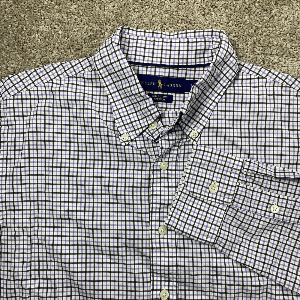 Ralph Lauren Shirt Men's L Large Purple Black Check Stretch Pony Preppy